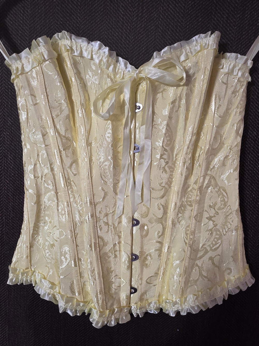 Vrapo Elegant Yellow Brocade Corset Top with Ribbon Tie